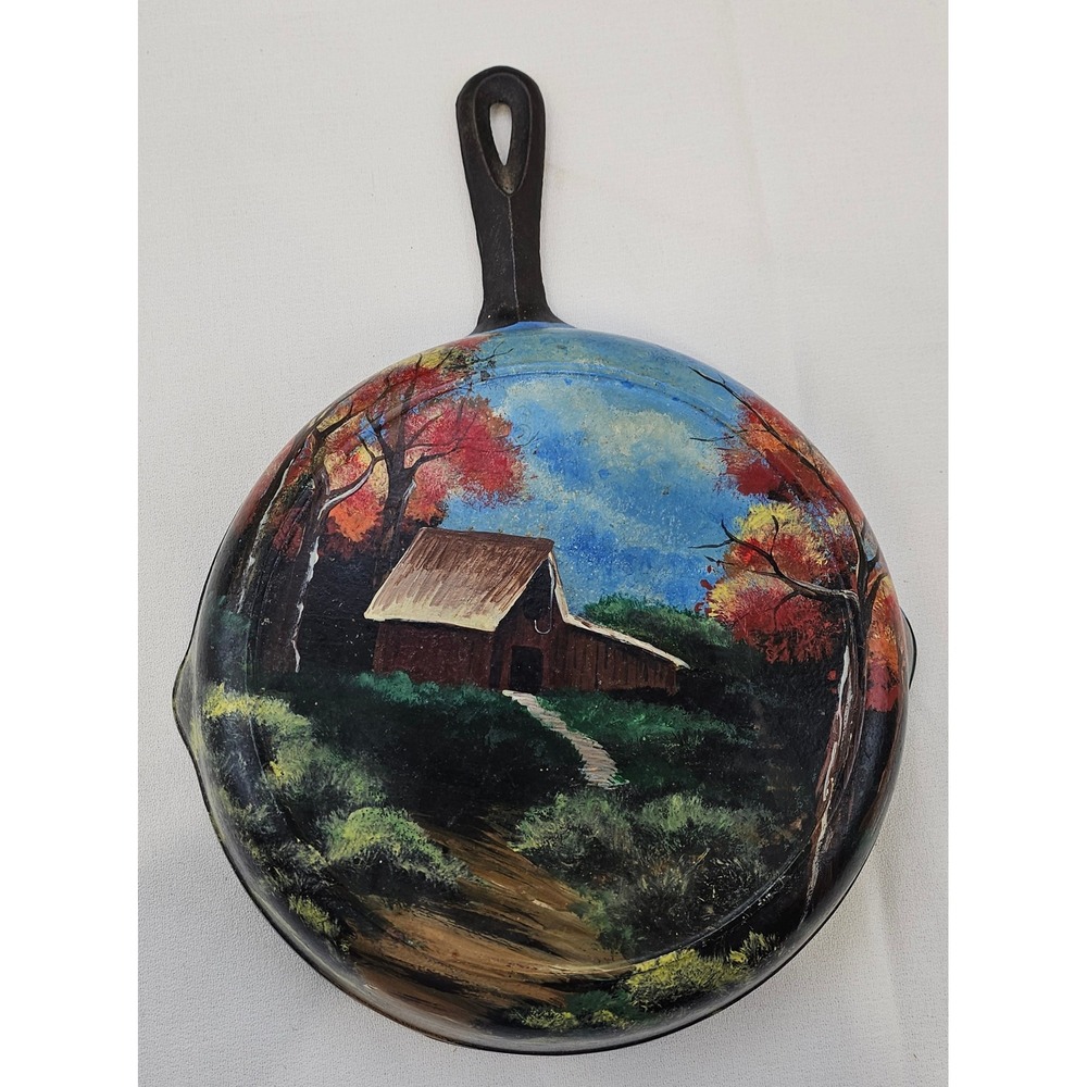 Vintage Hand Painted Cast Iron Skillet Barn Landscape Folk Art Sara Wolak 1994